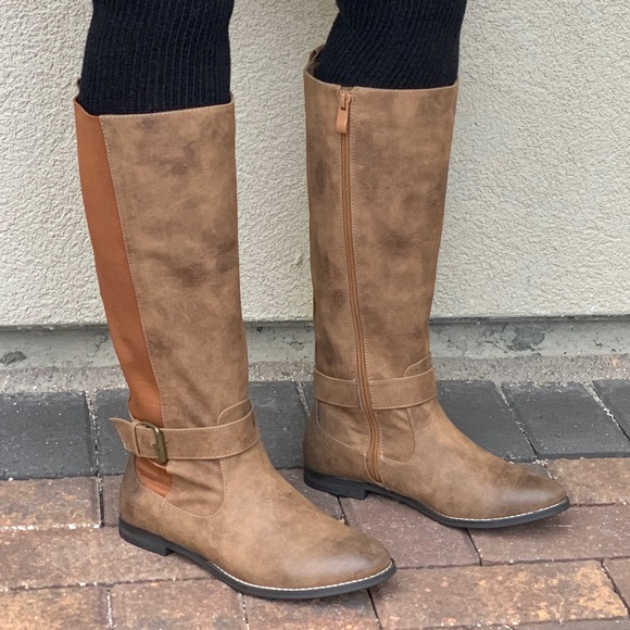 NIB Tan Burnished Toe Knee High Riding Flat Boots - Picture 4 of 7